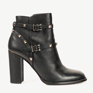 Valentino Garavani Rockstud Pebbled Leather Black Ankle Boots